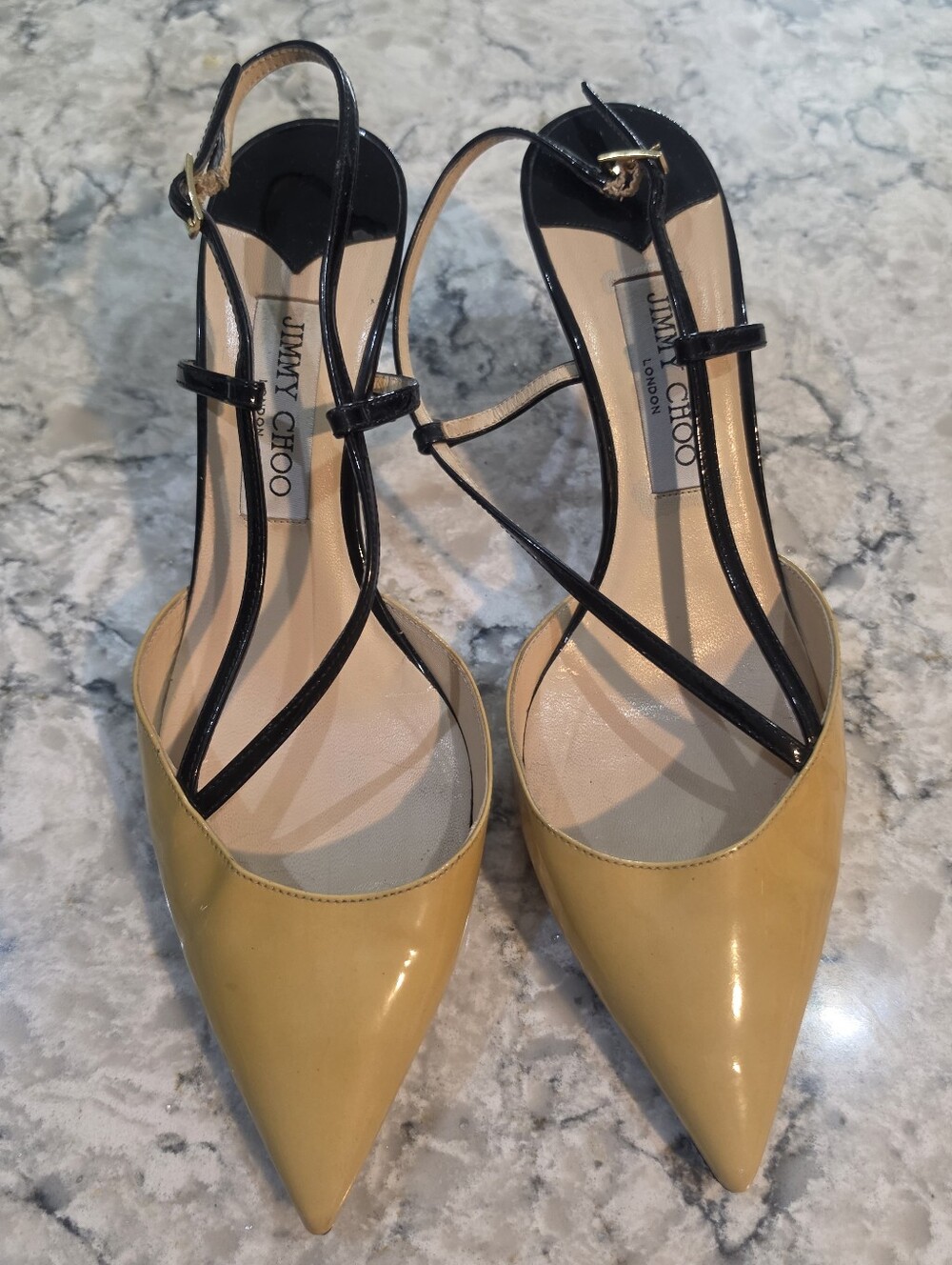 Jimmy Choo Yellow Patent Pointed-Toe Slingbacks with Black Straps